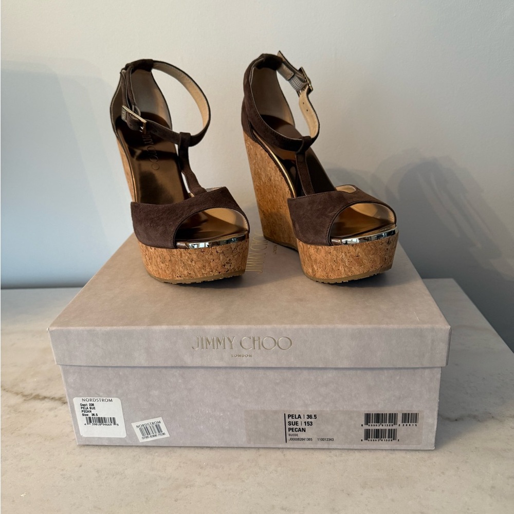 Jimmy Choo Pela..Brown(pecan) suede t-strap wedge…size 36.5